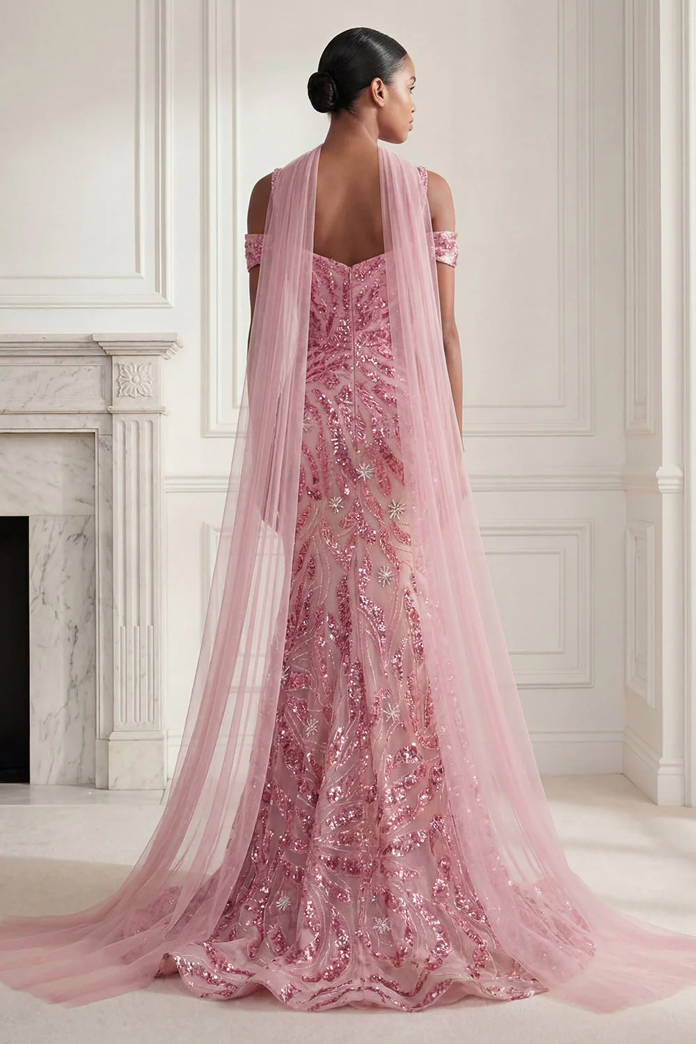 Sparkly Pink Mermaid Cold Shoulder Sequin Long Prom Dress with a Neck Scarf - Image 2