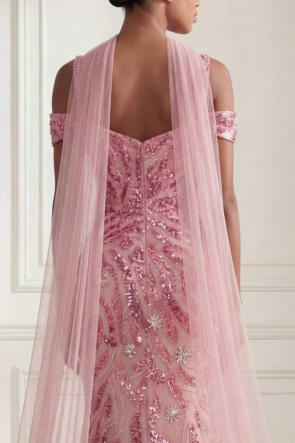 Sparkly Pink Mermaid Cold Shoulder Sequin Long Prom Dress with a Neck Scarf - Image 4