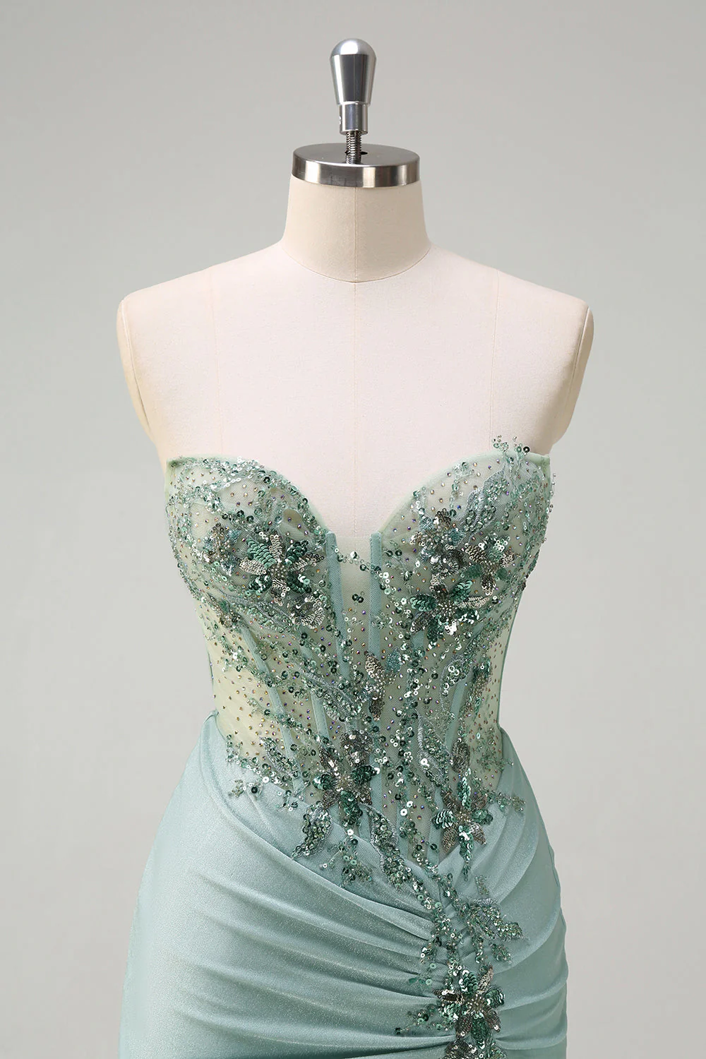 Sparkly Navy Mermaid Sequins Ruched Corset Long Prom Dress with Slit - Image 10