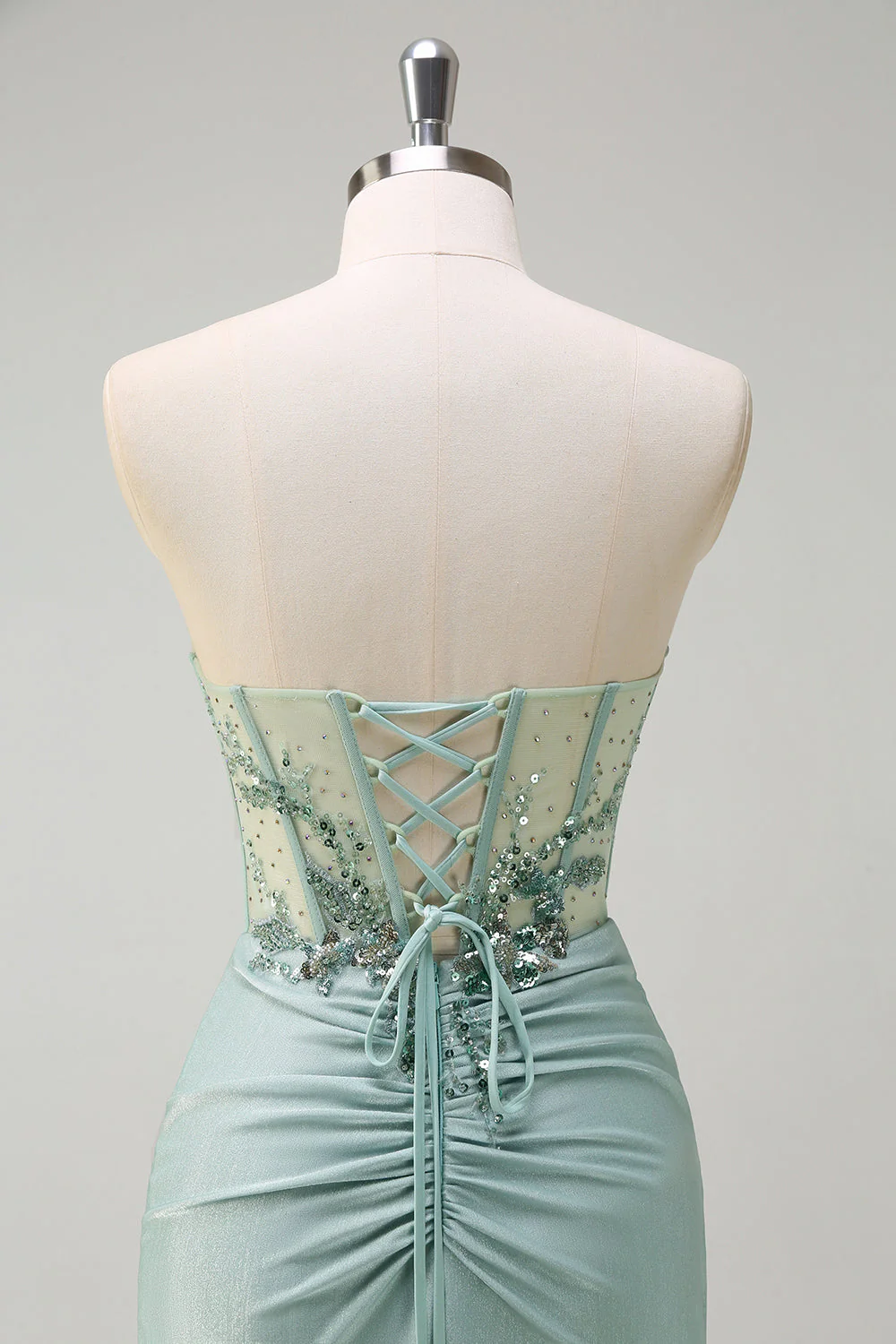 Sparkly Navy Mermaid Sequins Ruched Corset Long Prom Dress with Slit - Image 11