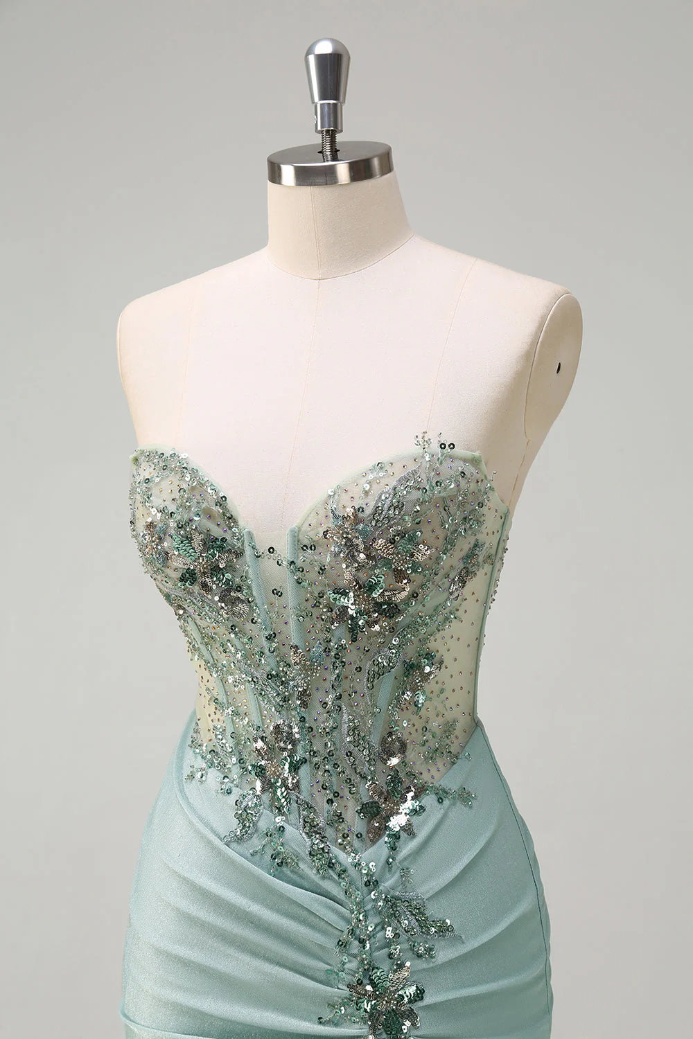 Sparkly Navy Mermaid Sequins Ruched Corset Long Prom Dress with Slit - Image 12