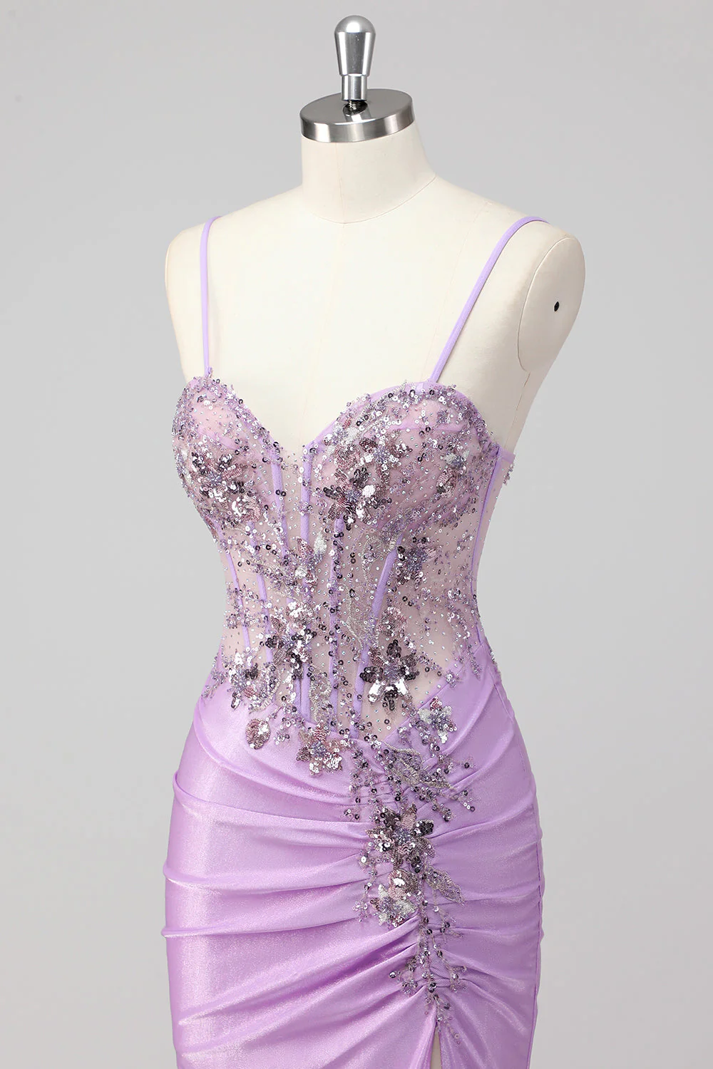 Sparkly Navy Mermaid Sequins Ruched Corset Long Prom Dress with Slit - Image 17