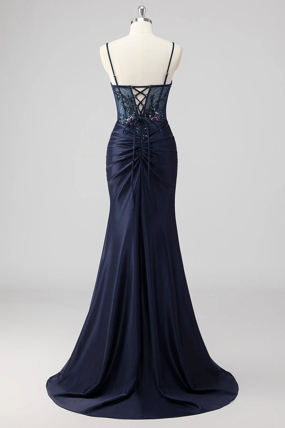 Sparkly Navy Mermaid Sequins Ruched Corset Long Prom Dress with Slit - Image 2