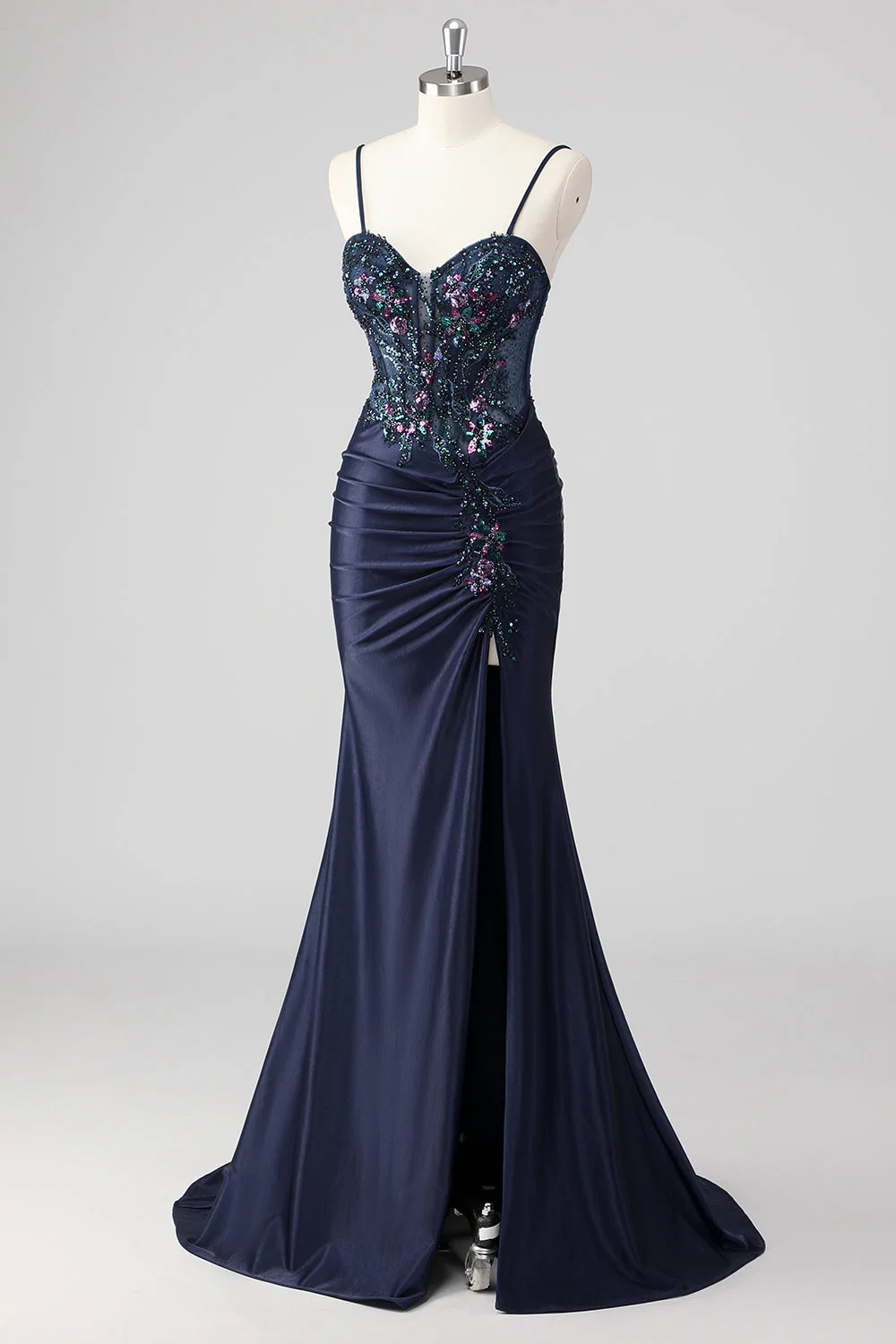 Sparkly Navy Mermaid Sequins Ruched Corset Long Prom Dress with Slit - Image 3