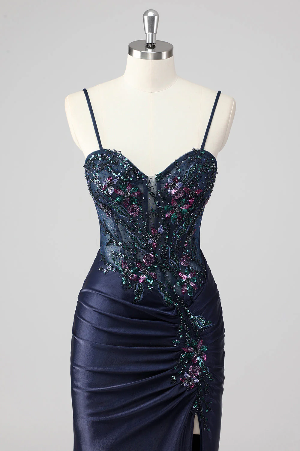 Sparkly Navy Mermaid Sequins Ruched Corset Long Prom Dress with Slit - Image 4