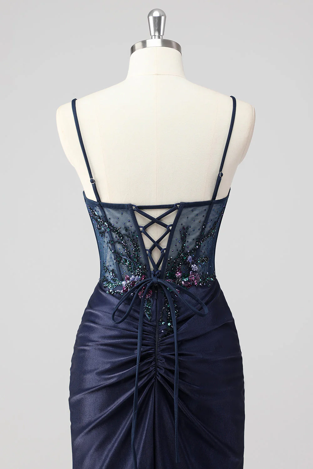 Sparkly Navy Mermaid Sequins Ruched Corset Long Prom Dress with Slit - Image 5