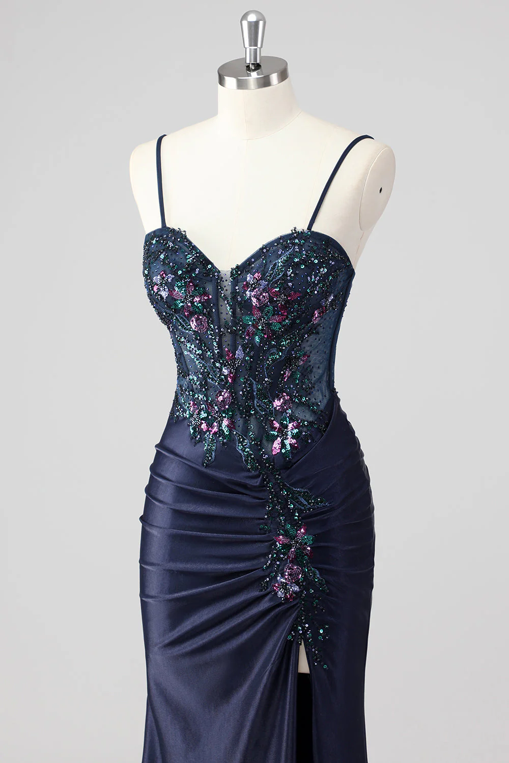 Sparkly Navy Mermaid Sequins Ruched Corset Long Prom Dress with Slit - Image 6