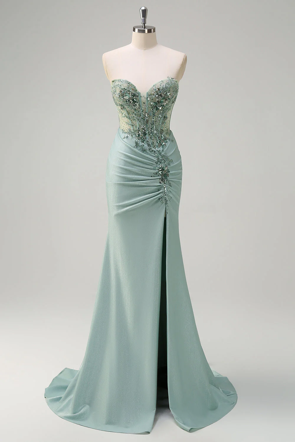 Sparkly Navy Mermaid Sequins Ruched Corset Long Prom Dress with Slit - Image 7