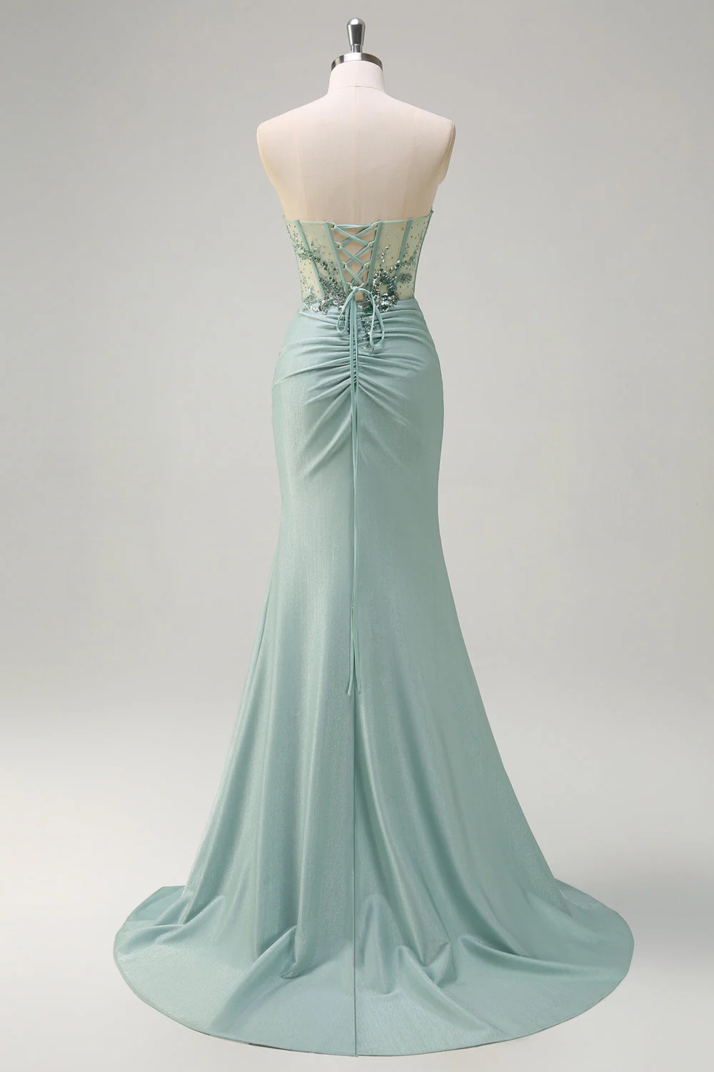Sparkly Navy Mermaid Sequins Ruched Corset Long Prom Dress with Slit - Image 8