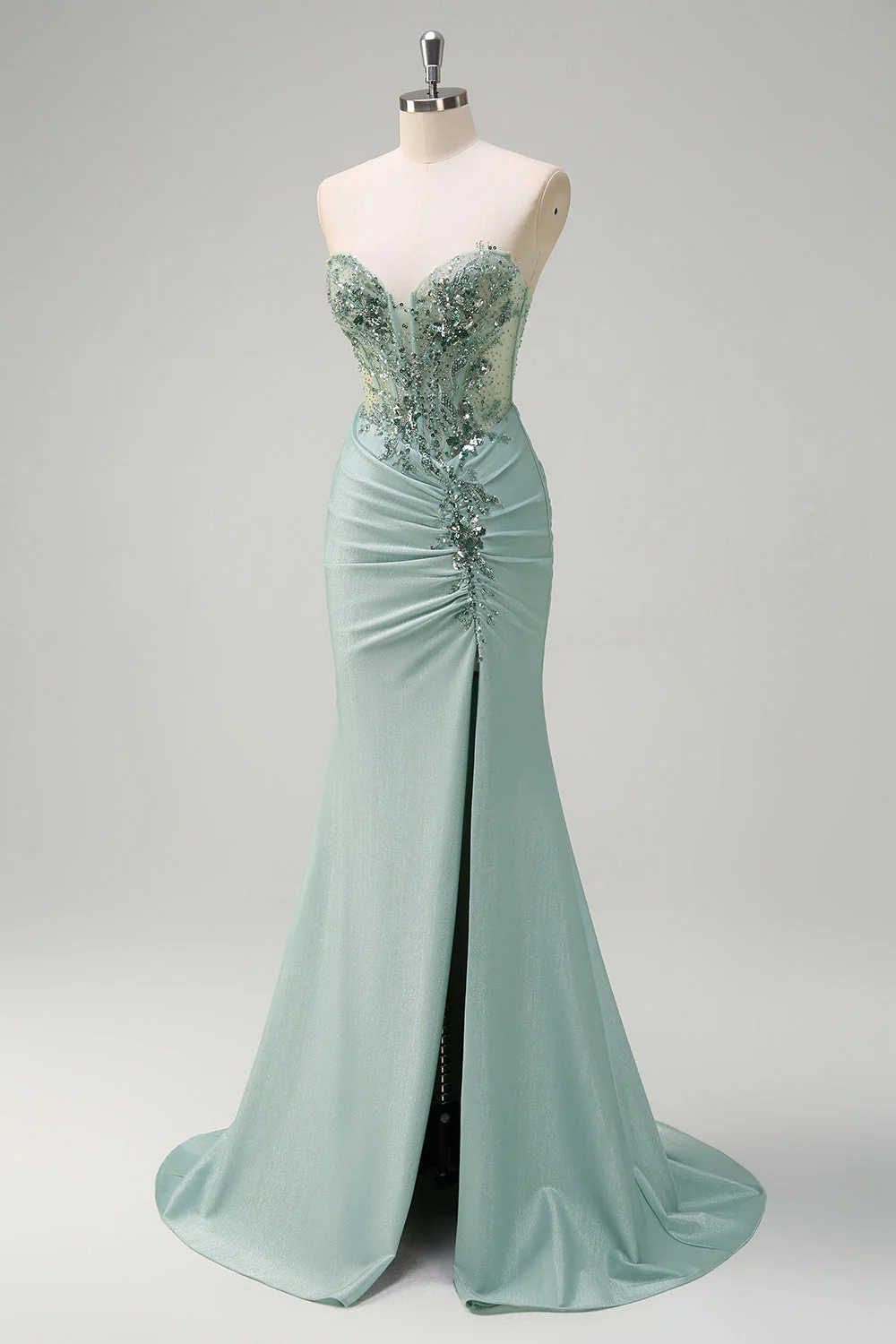 Sparkly Navy Mermaid Sequins Ruched Corset Long Prom Dress with Slit - Image 9