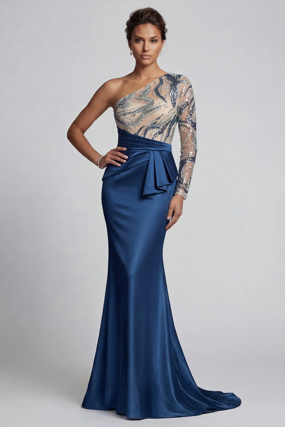 Sparkly Navy One-Shoulder Mermaid Long Mother of the Bride Dress