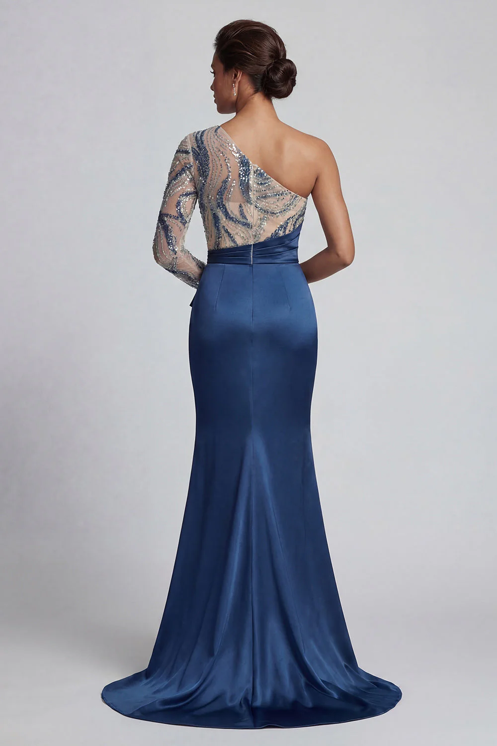 Sparkly Navy One-Shoulder Mermaid Long Mother of the Bride Dress - Image 2