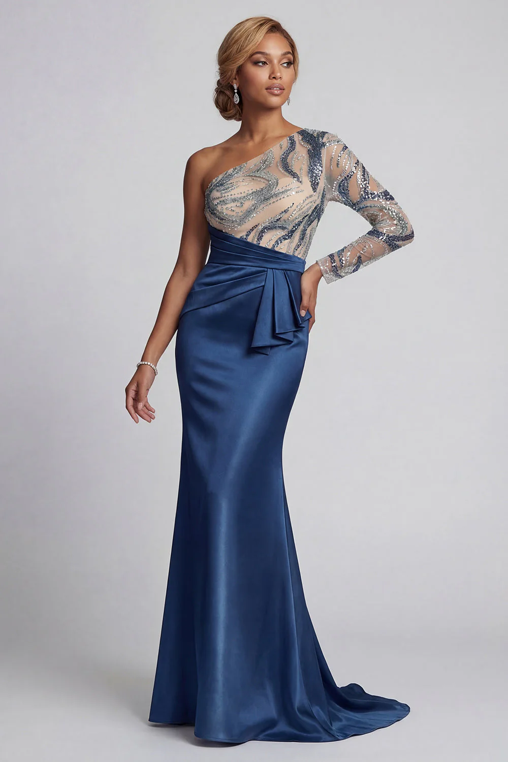 Sparkly Navy One-Shoulder Mermaid Long Mother of the Bride Dress - Image 3