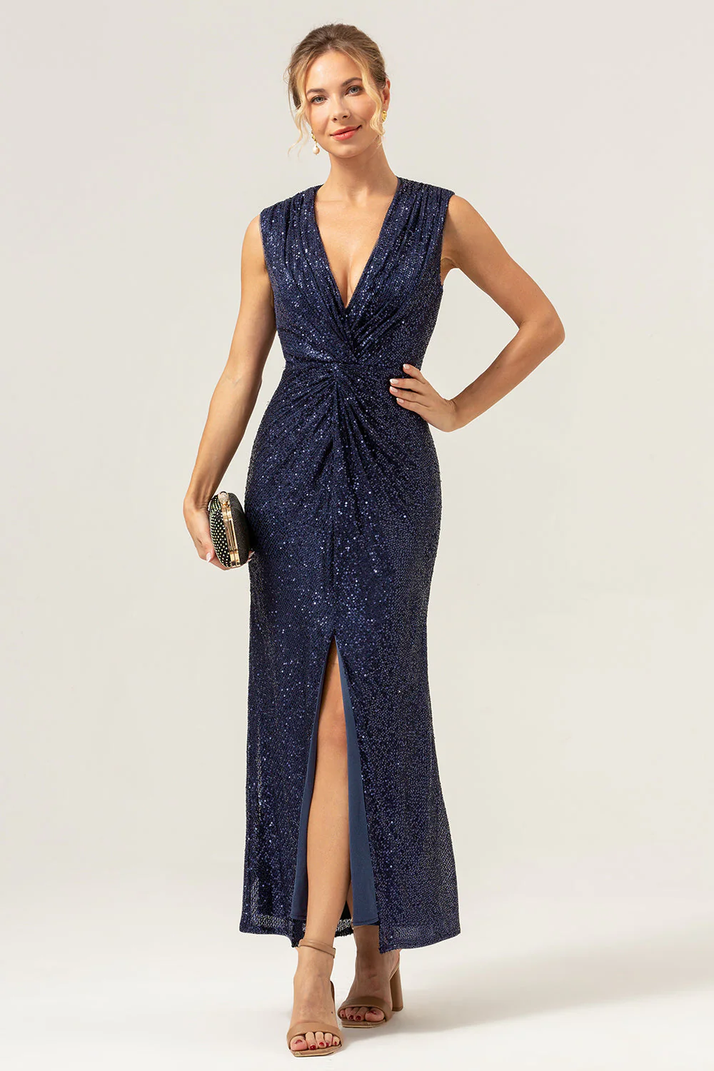 Sparkly Navy Sheath V-Neck Sequins Tea Length Prom Dress with Slit - Image 2