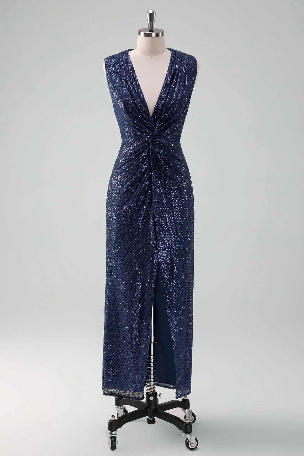 Sparkly Navy Sheath V-Neck Sequins Tea Length Prom Dress with Slit - Image 3