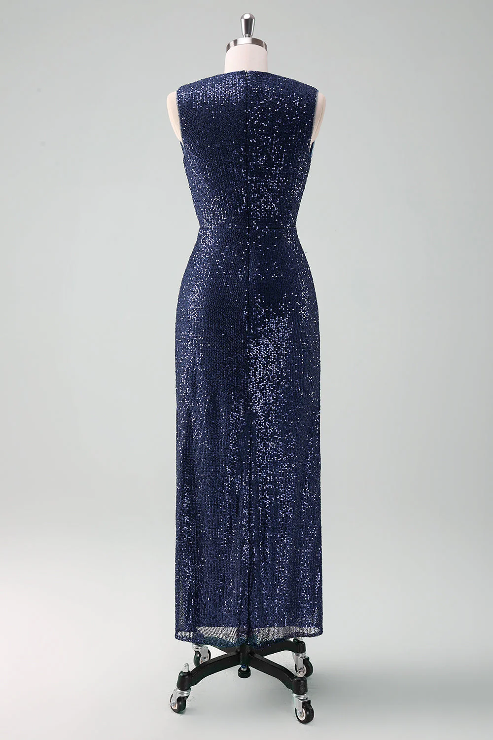 Sparkly Navy Sheath V-Neck Sequins Tea Length Prom Dress with Slit - Image 4