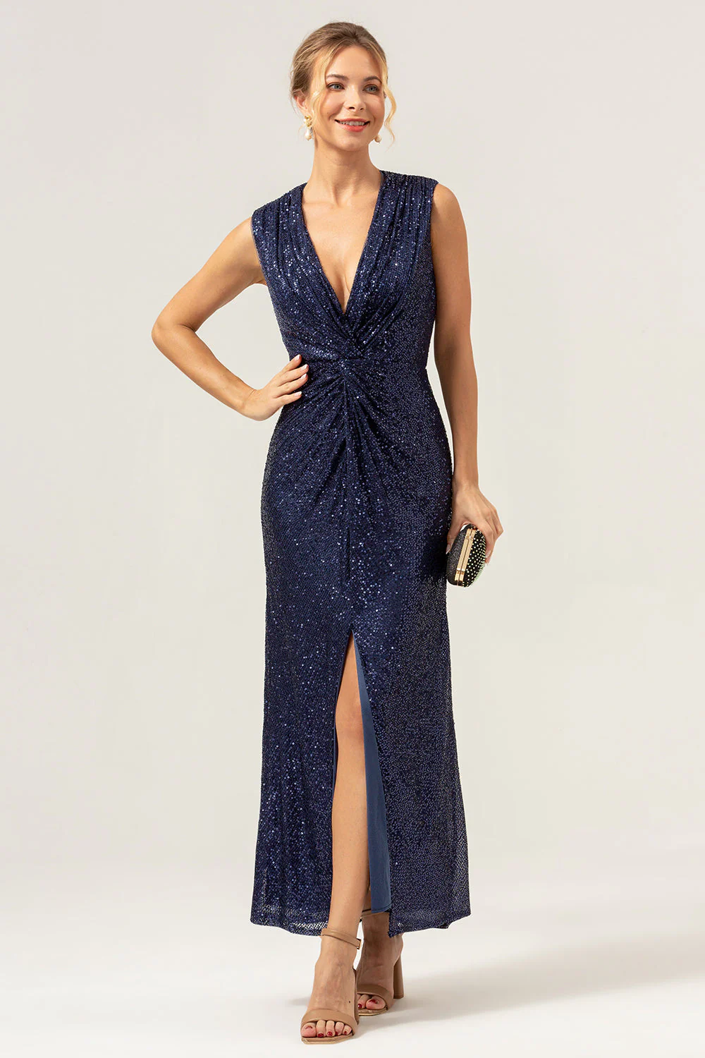 Sparkly Navy Sheath V-Neck Sequins Tea Length Prom Dress with Slit - Image 5