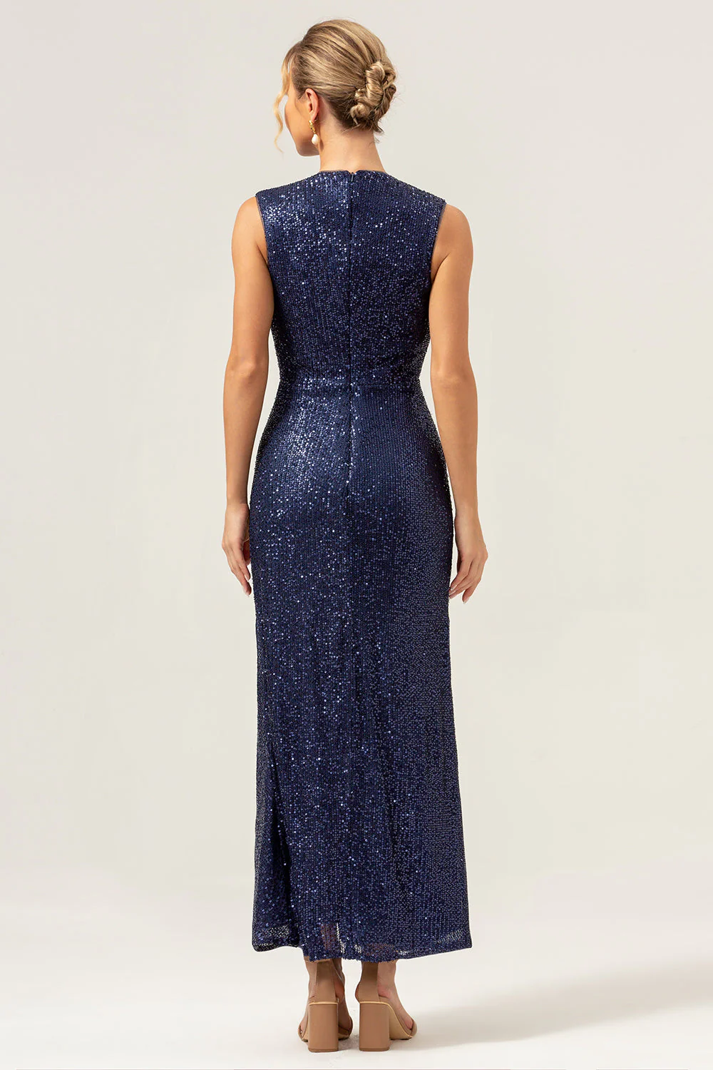 Sparkly Navy Sheath V-Neck Sequins Tea Length Prom Dress with Slit - Image 6