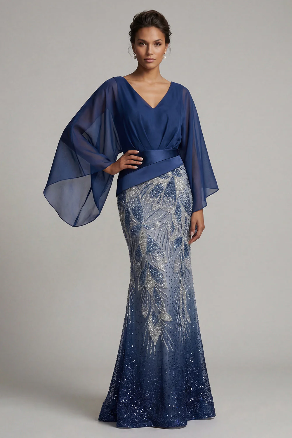 Sparkly Navy Mermaid V-Neck Mother of the Bride Dress with Long Sleeves