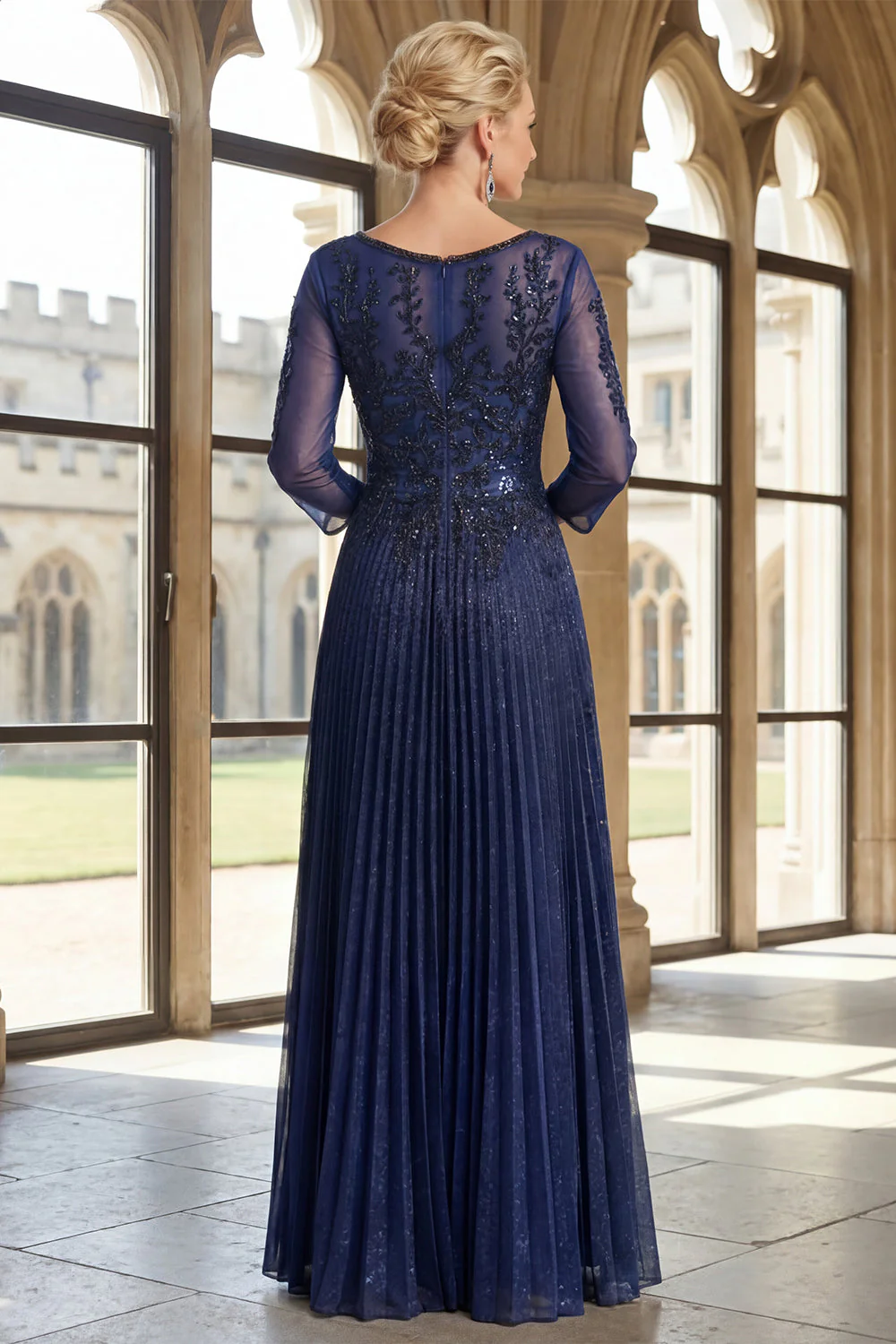 Sparkly Navy V-Neck Pleated A Line Mother of the Bride Dress - Image 2