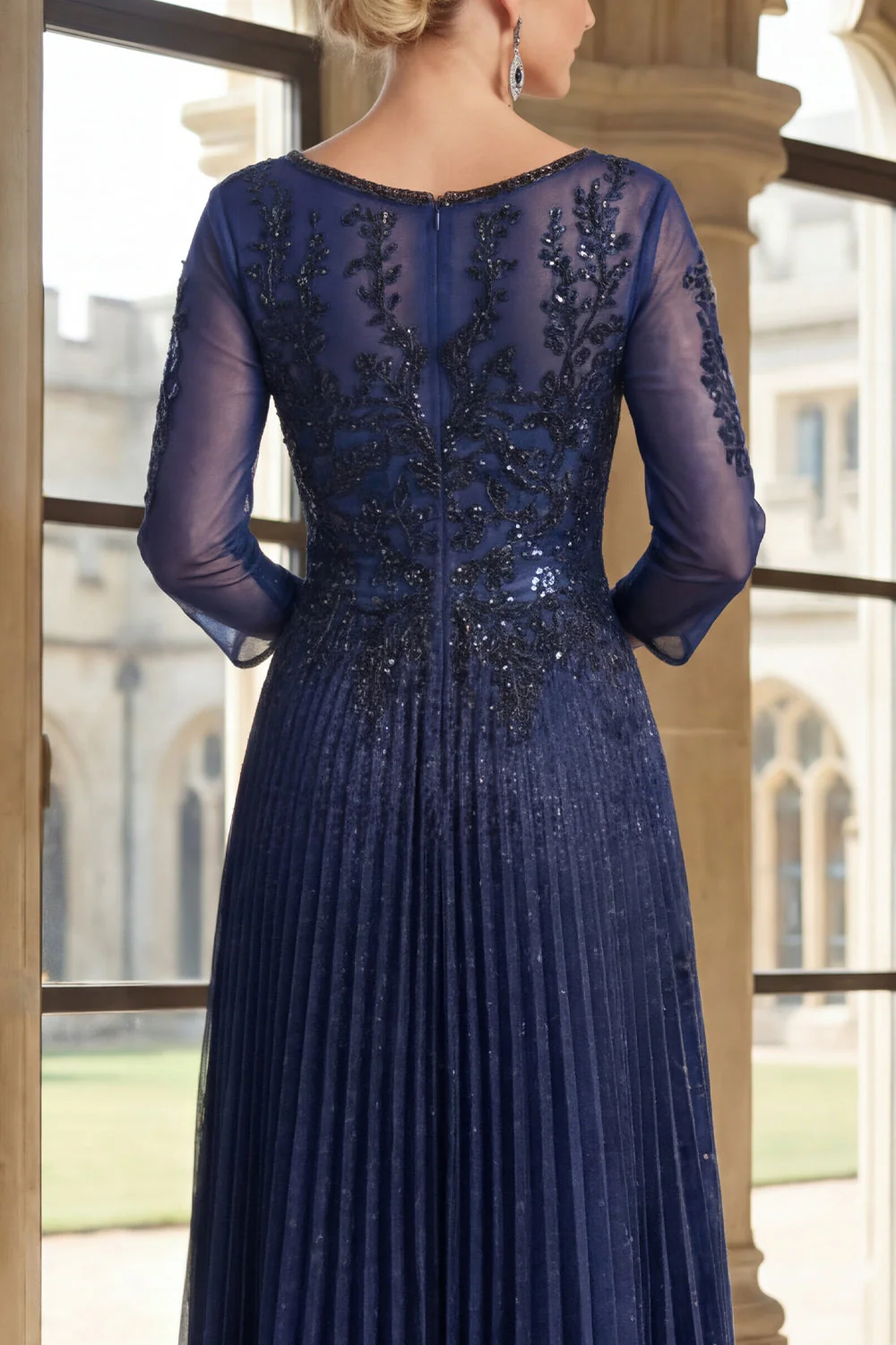 Sparkly Navy V-Neck Pleated A Line Mother of the Bride Dress - Image 4