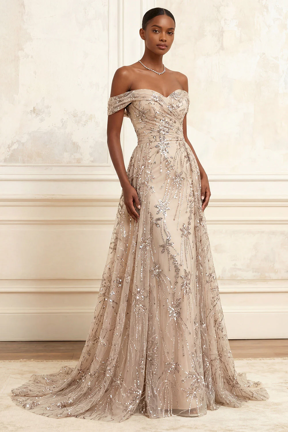 Sparkly Champagne Off the Shoulder Mermaid Long Prom Dress with Sequins