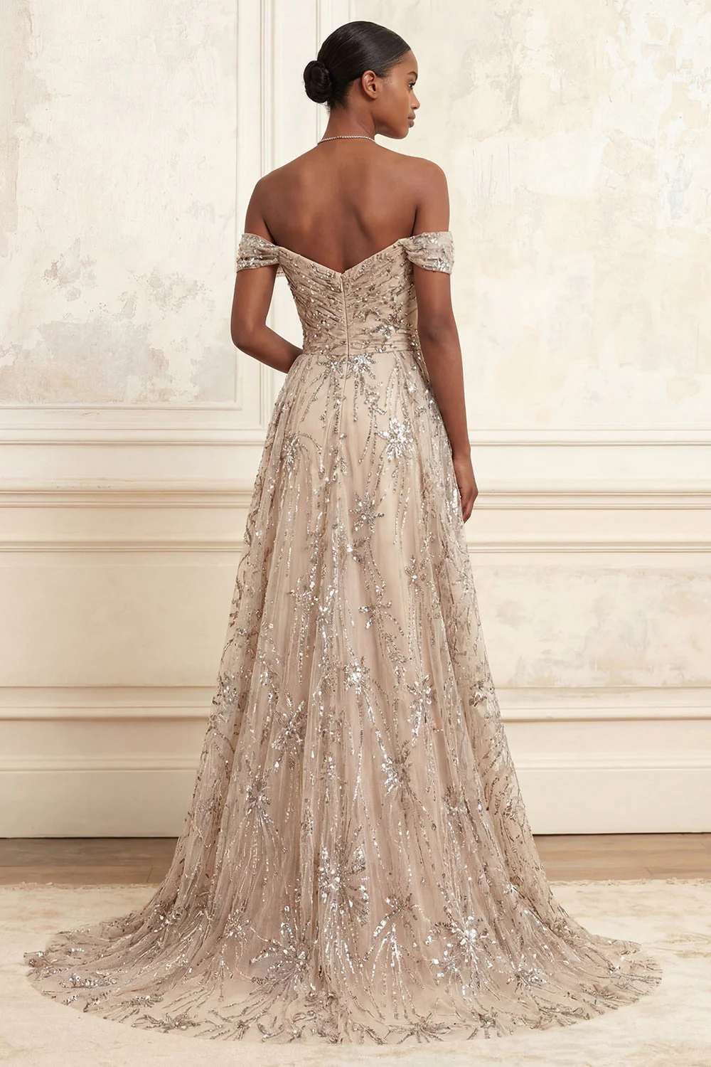 Sparkly Champagne Off the Shoulder Mermaid Long Prom Dress with Sequins - Image 2