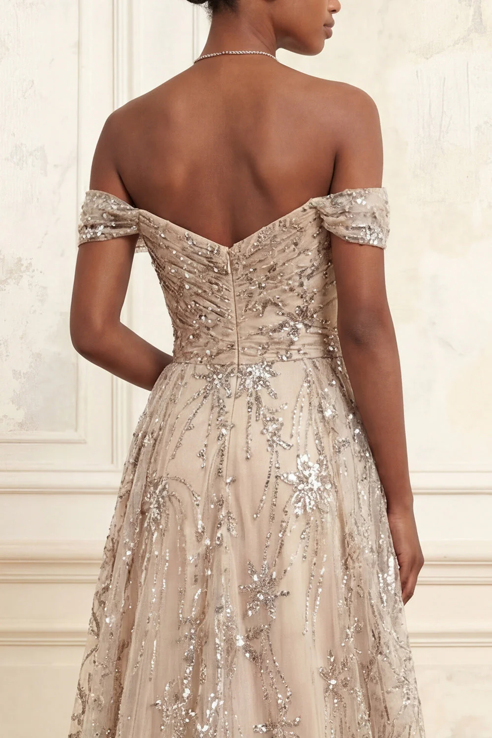 Sparkly Champagne Off the Shoulder Mermaid Long Prom Dress with Sequins - Image 4