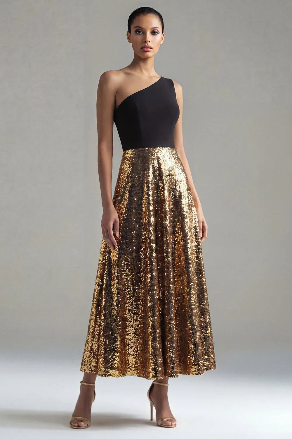 One Shoulder A-Line Black and Gold Sequins Long Evening Dress