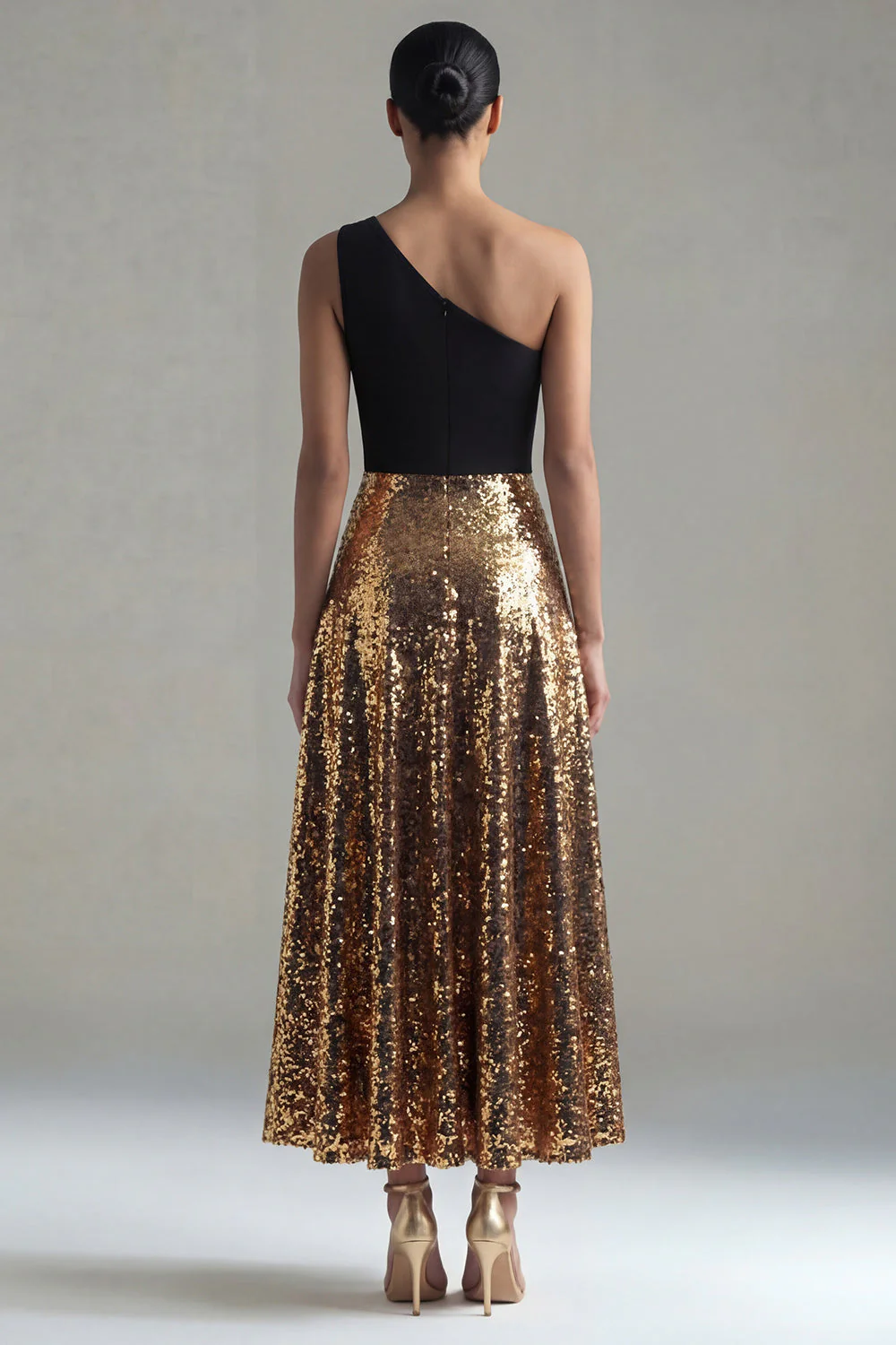 One Shoulder A-Line Black and Gold Sequins Long Evening Dress - Image 2