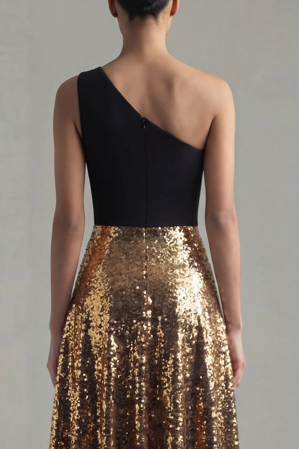 One Shoulder A-Line Black and Gold Sequins Long Evening Dress - Image 4