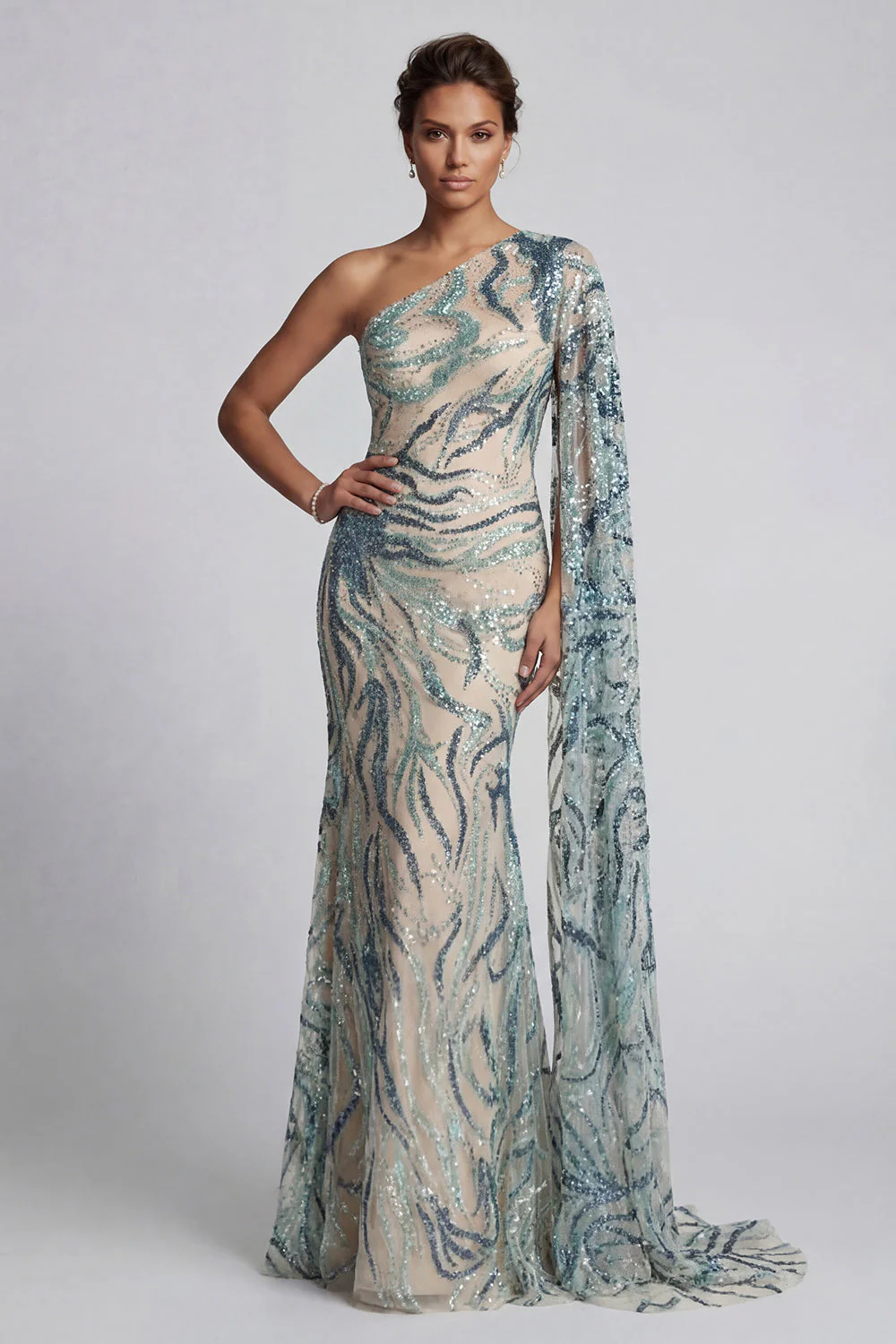 Sparkly One Shoulder Light Blue Mermaid Mother of the Bride Dress with Side Cape