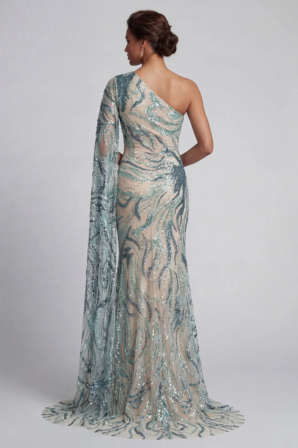 Sparkly One Shoulder Light Blue Mermaid Mother of the Bride Dress with Side Cape - Image 2