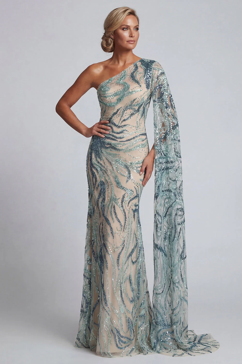 Sparkly One Shoulder Light Blue Mermaid Mother of the Bride Dress with Side Cape - Image 3