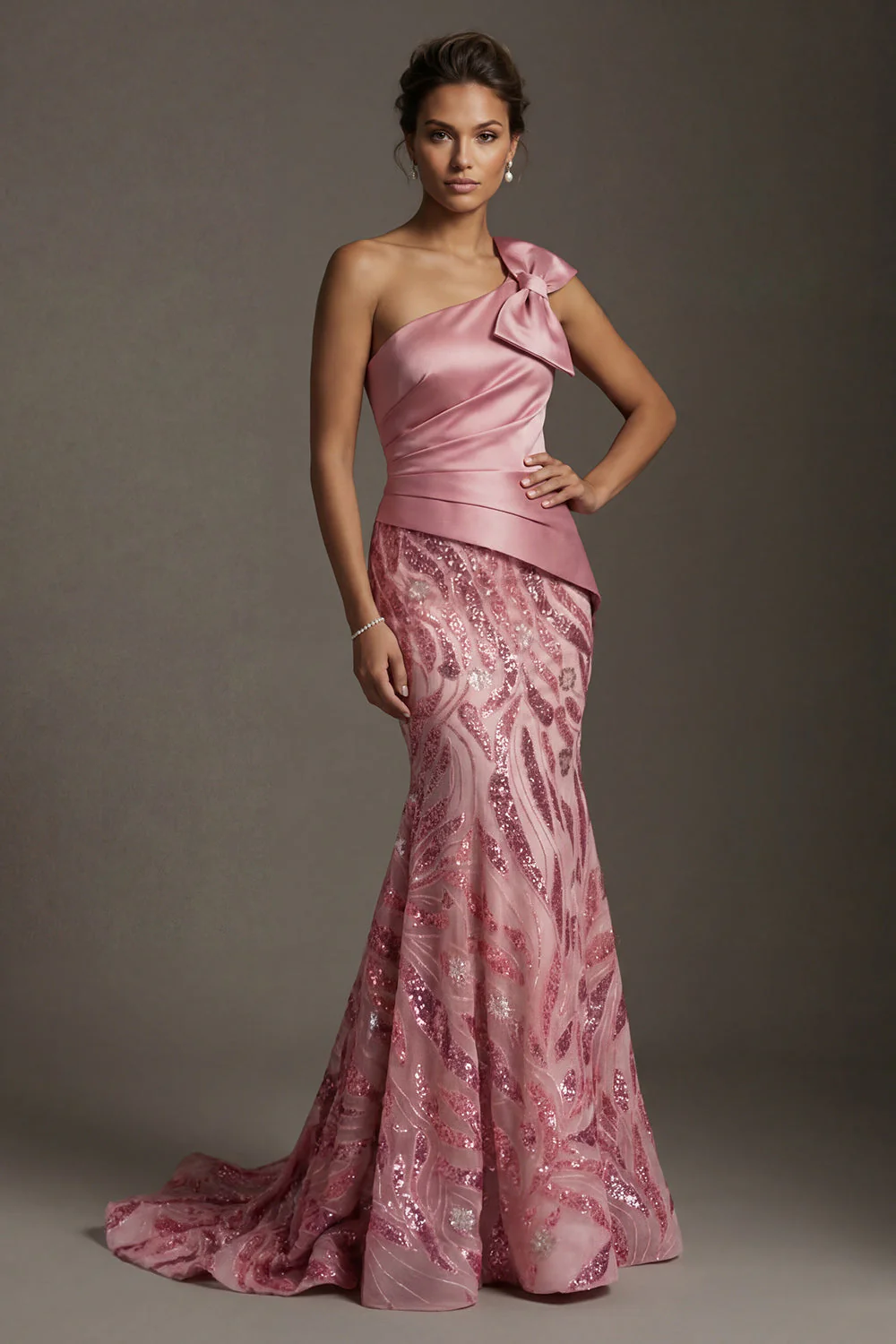 Sparkly One Shoulder Pink Mermaid Mother of the Bride Dress with Bow