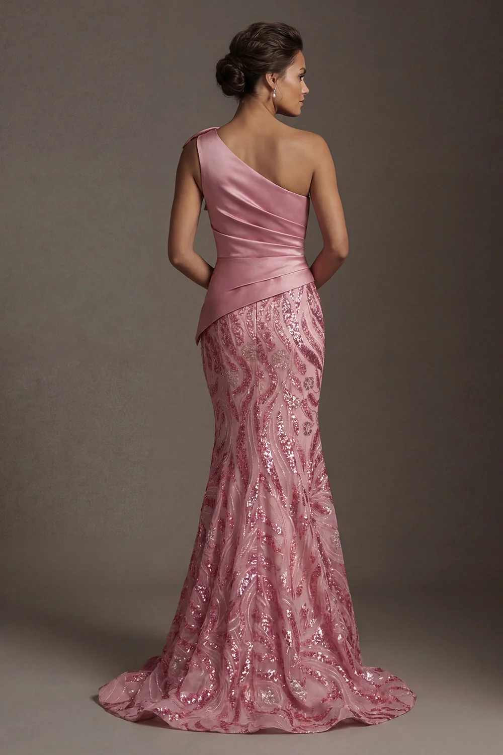 Sparkly One Shoulder Pink Mermaid Mother of the Bride Dress with Bow - Image 2