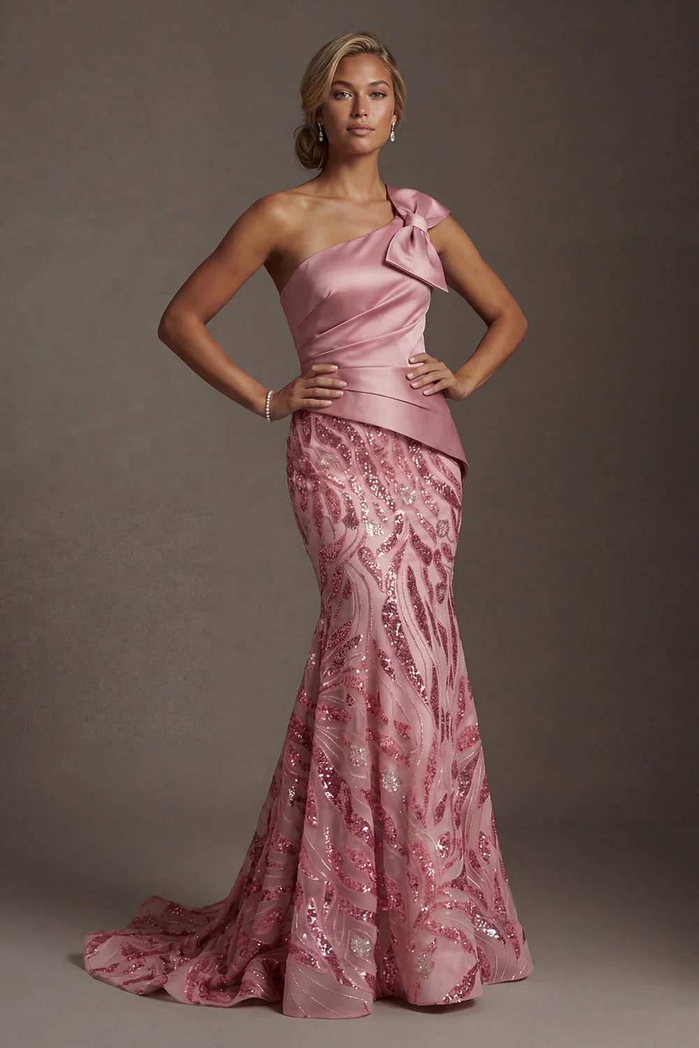 Sparkly One Shoulder Pink Mermaid Mother of the Bride Dress with Bow - Image 3