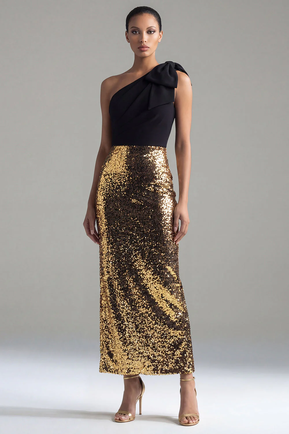 Sparkly One Shoulder Sheath Black and Gold Sequins Long Evening Dress with Bow