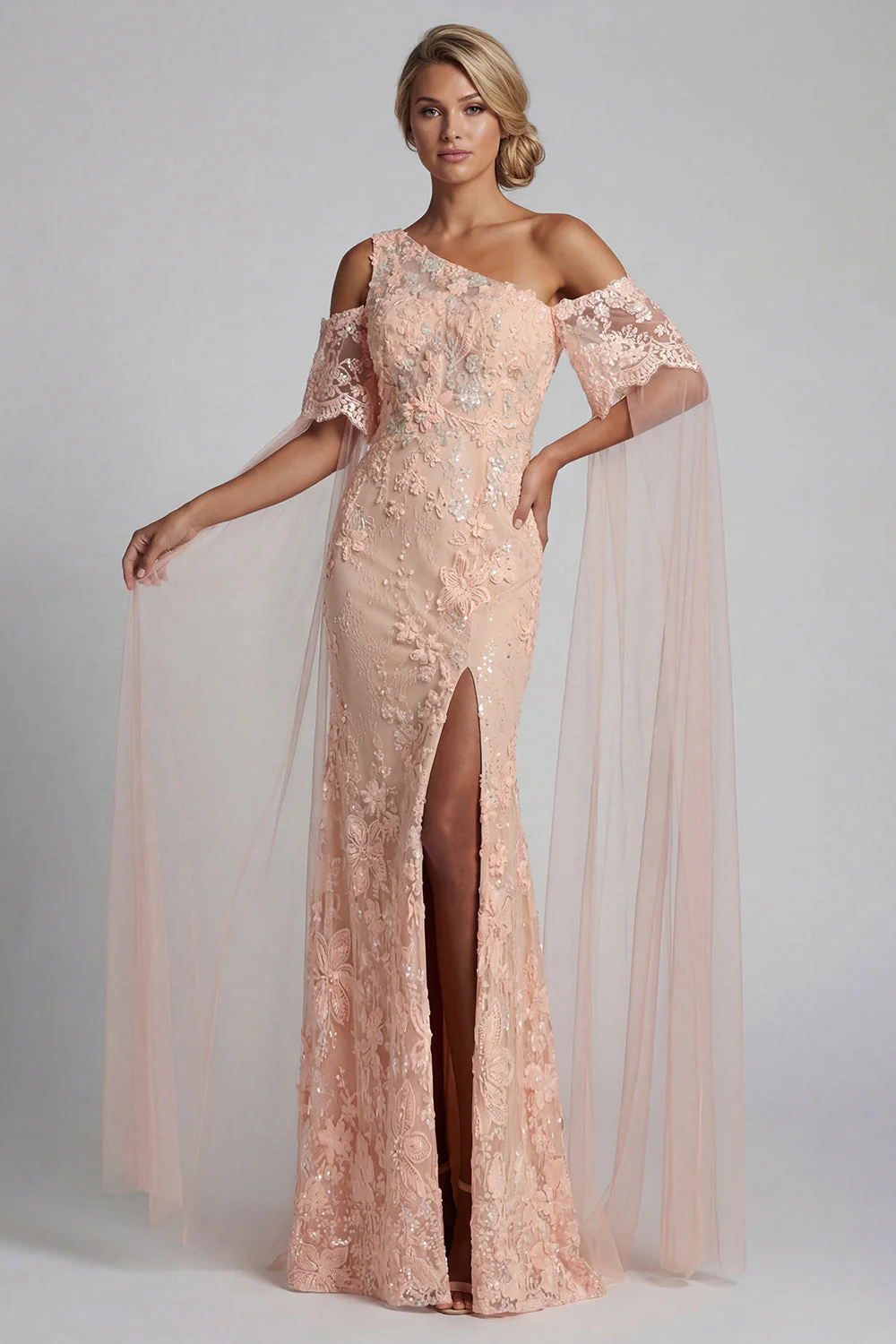 Mermaid Peach Appliqued Long Mother of the Bride Dress with Slit - Image 3