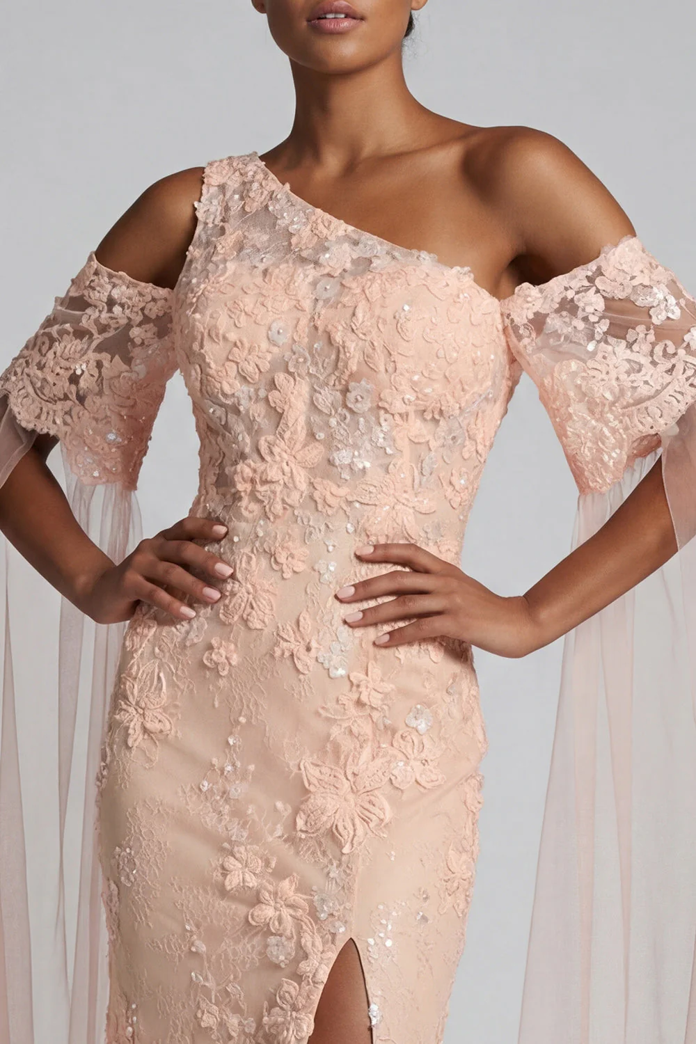 Mermaid Peach Appliqued Long Mother of the Bride Dress with Slit - Image 4