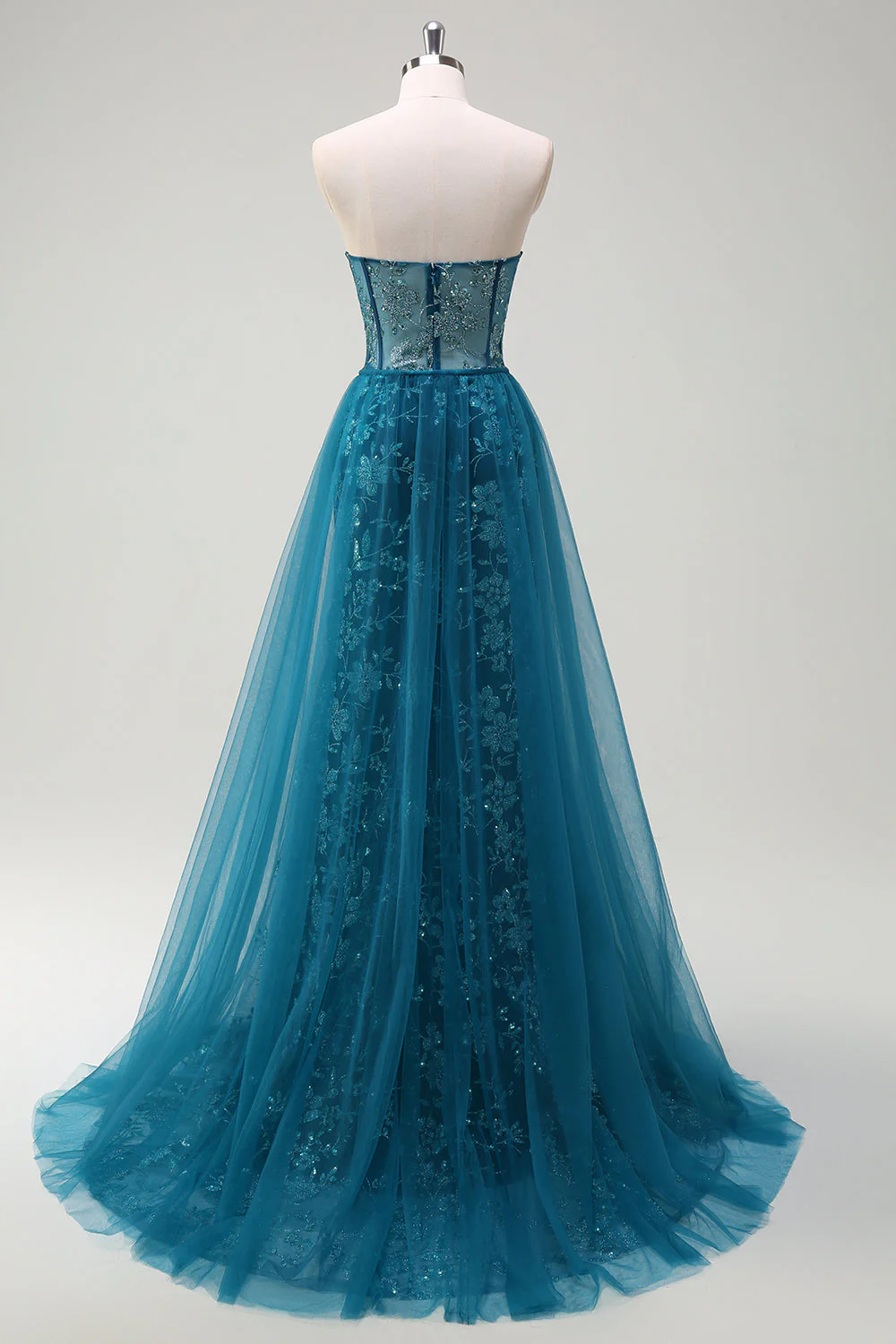 Sparkly Peacock Blue Mermaid Strapless Corset Long Prom Dress with Slit - Image 2