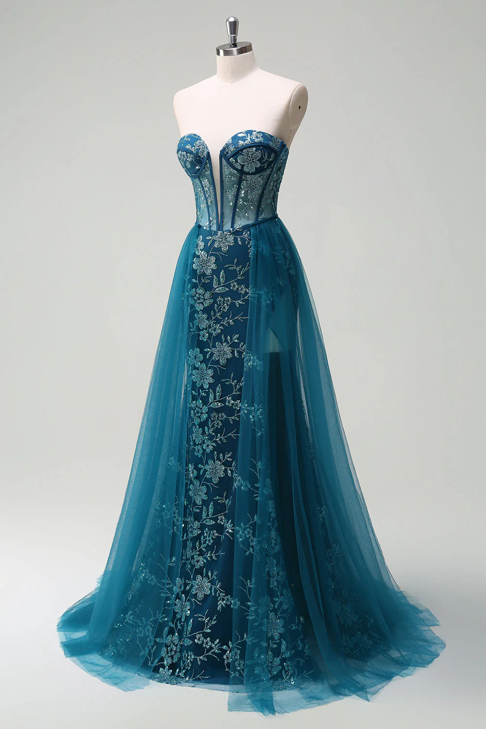 Sparkly Peacock Blue Mermaid Strapless Corset Long Prom Dress with Slit - Image 3