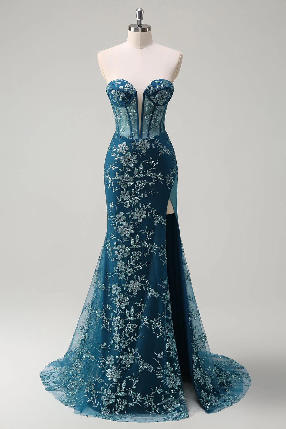 Sparkly Peacock Blue Mermaid Strapless Corset Long Prom Dress with Slit - Image 4