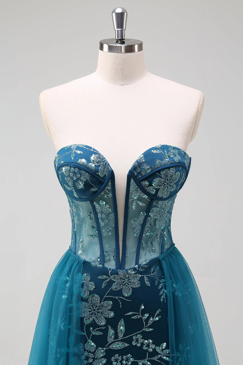 Sparkly Peacock Blue Mermaid Strapless Corset Long Prom Dress with Slit - Image 7