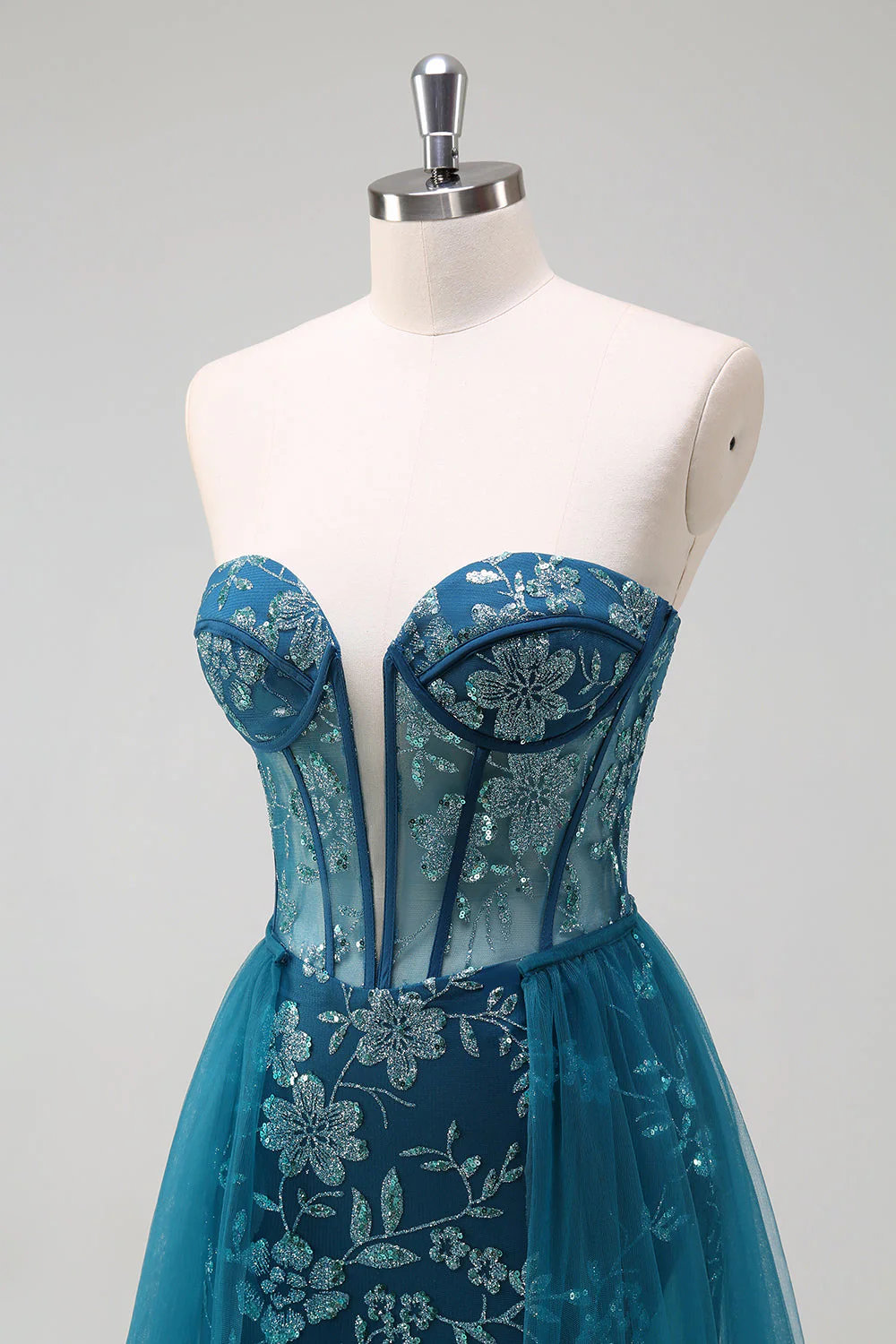 Sparkly Peacock Blue Mermaid Strapless Corset Long Prom Dress with Slit - Image 9
