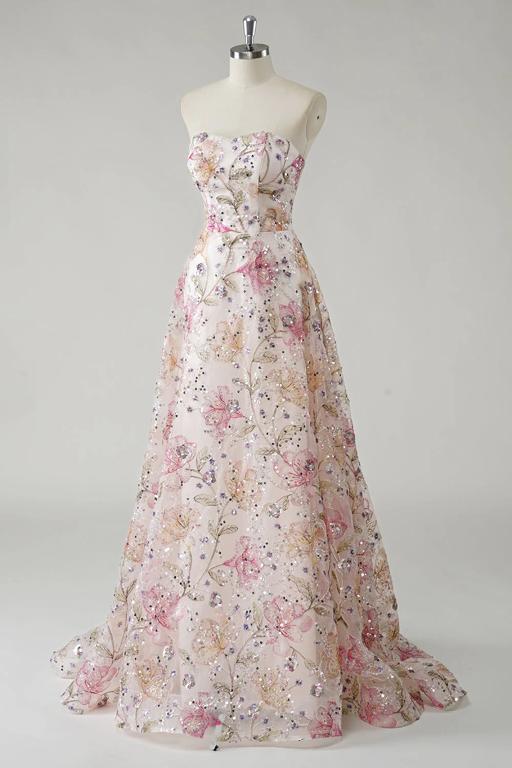 Sparkly Pink A-Line Strapless Sequin Floral Long Prom Dress - Image 3