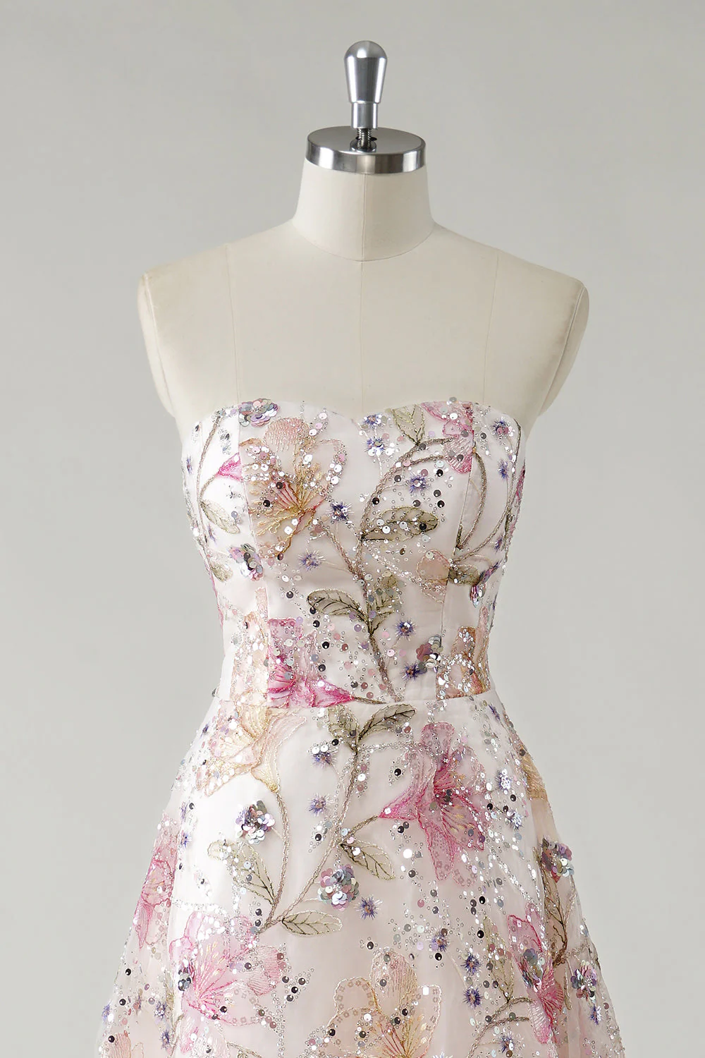 Sparkly Pink A-Line Strapless Sequin Floral Long Prom Dress - Image 4