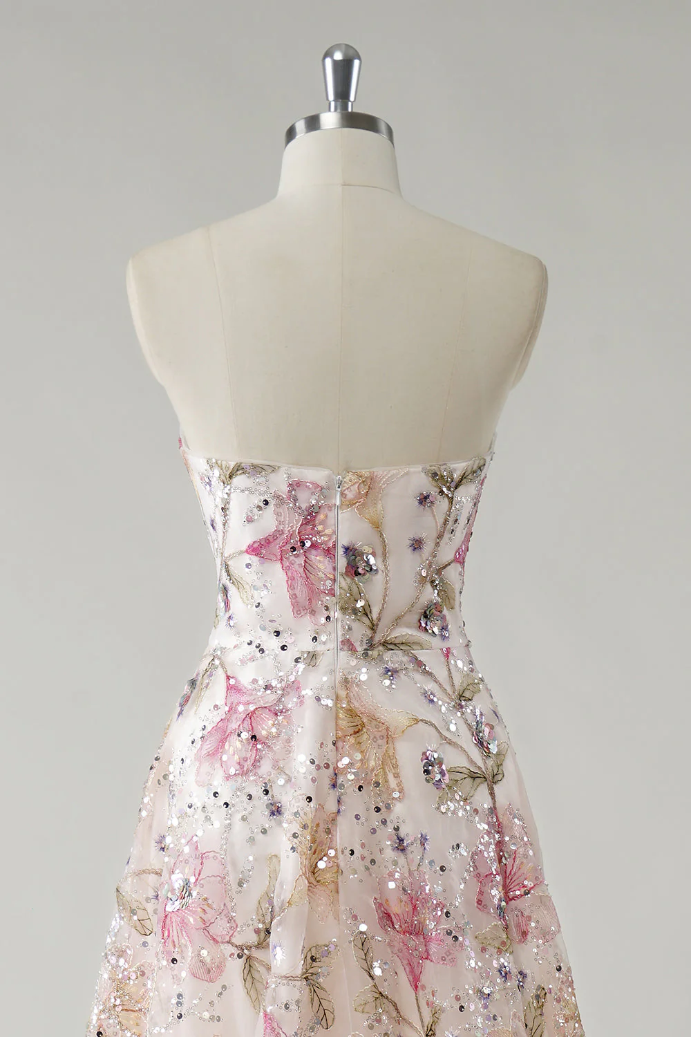 Sparkly Pink A-Line Strapless Sequin Floral Long Prom Dress - Image 5