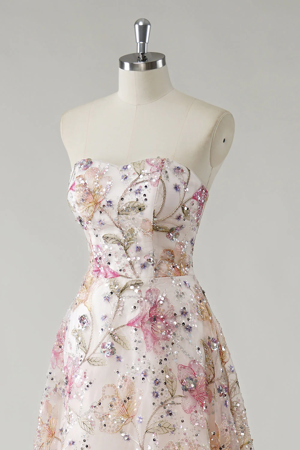 Sparkly Pink A-Line Strapless Sequin Floral Long Prom Dress - Image 6