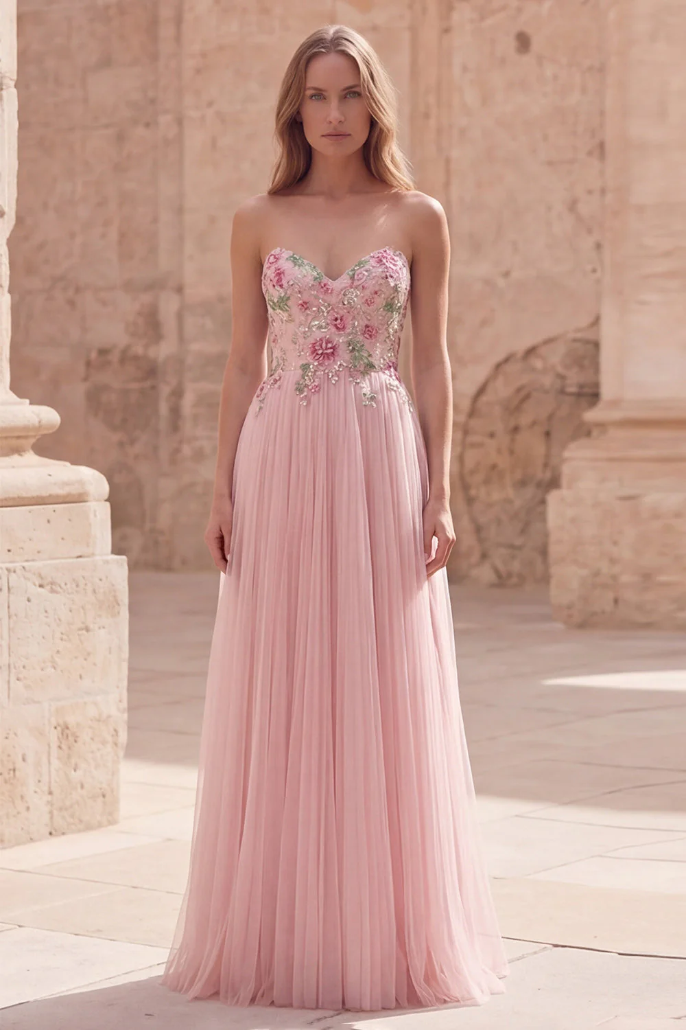 Pink A-Line Sweetheart Long Tulle Prom Dress with Beading